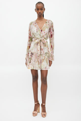 Zimmermann Pink 
Multicolour Floral Ruffled Silk Dress