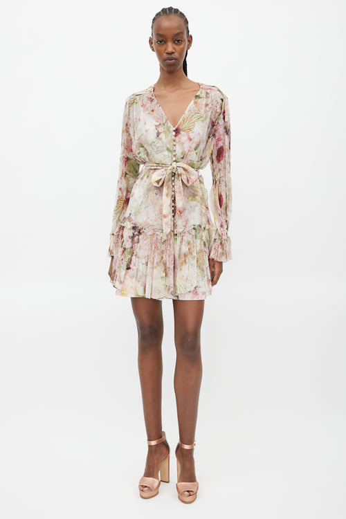 Zimmermann Pink 
Multicolour Floral Ruffled Silk Dress