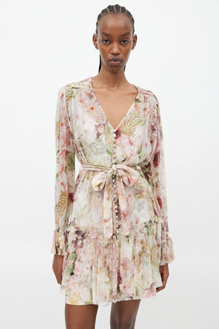 Zimmermann Pink 
Multicolour Floral Ruffled Silk Dress