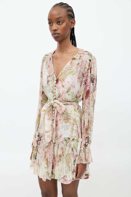 Zimmermann Pink 
Multicolour Floral Ruffled Silk Dress