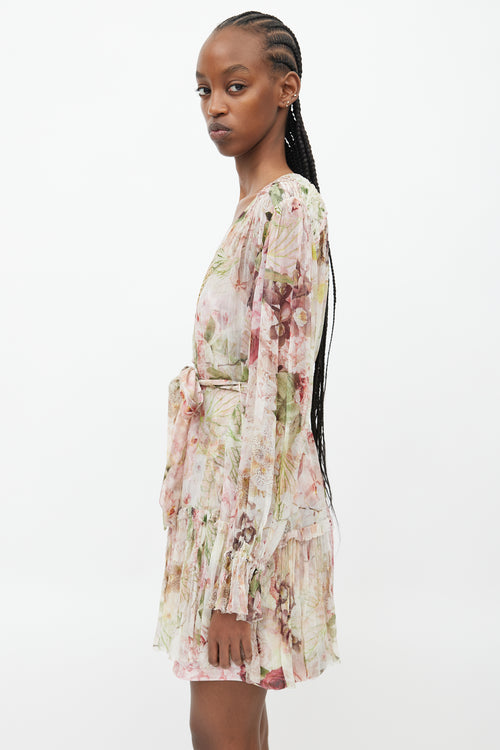 Zimmermann Pink 
Multicolour Floral Ruffled Silk Dress