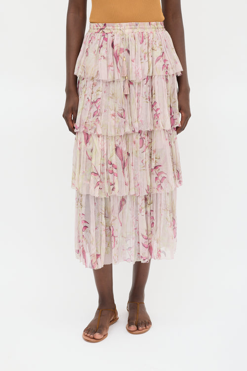 Zimmermann Pink 
Multicolour Silk Floral Tiered Skirt