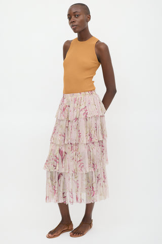 Zimmermann Pink 
Multicolour Silk Floral Tiered Skirt