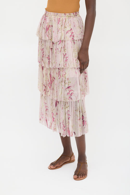 Zimmermann Pink 
Multicolour Silk Floral Tiered Skirt