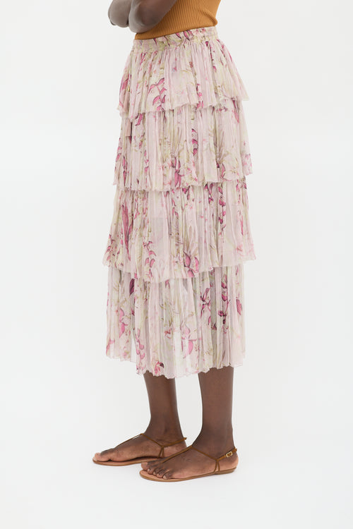 Zimmermann Pink 
Multicolour Silk Floral Tiered Skirt