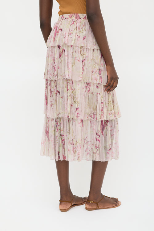 Zimmermann Pink 
Multicolour Silk Floral Tiered Skirt