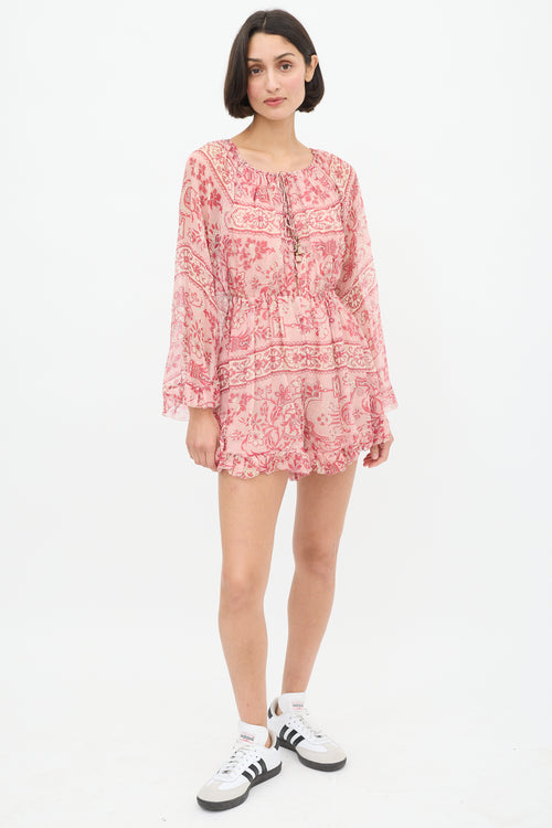 Zimmermann Pink Silk Floral Castile Ruffle Trimmed Romper