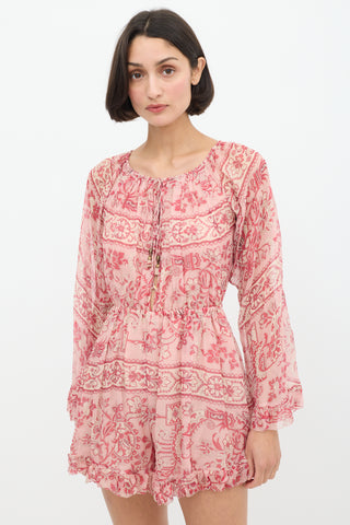 Zimmermann Pink Silk Floral Castile Ruffle Trimmed Romper