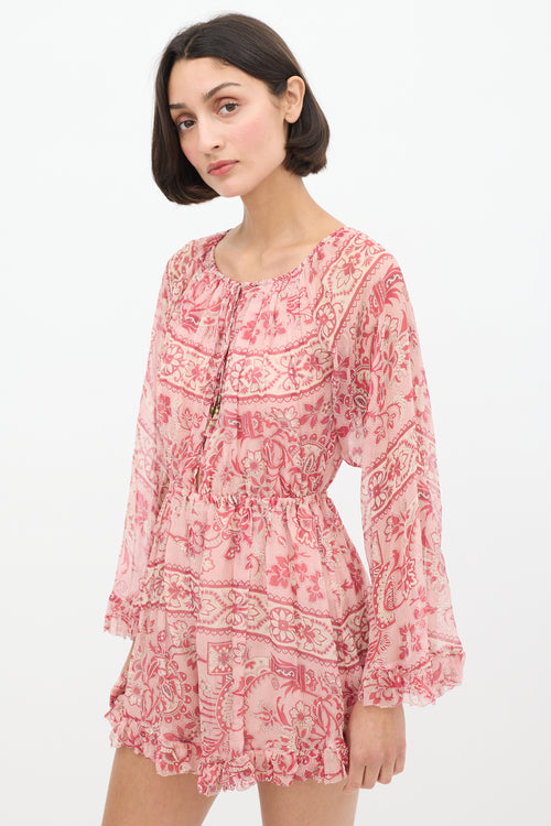 Zimmermann Pink Silk Floral Castile Ruffle Trimmed Romper