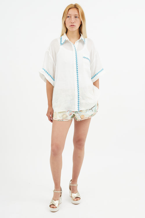 Zimmermann White 
Blue Wave Embroidered Semi Sheer Shirt