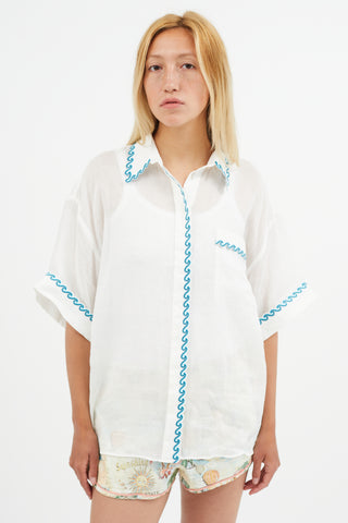 Zimmermann White 
Blue Wave Embroidered Semi Sheer Shirt