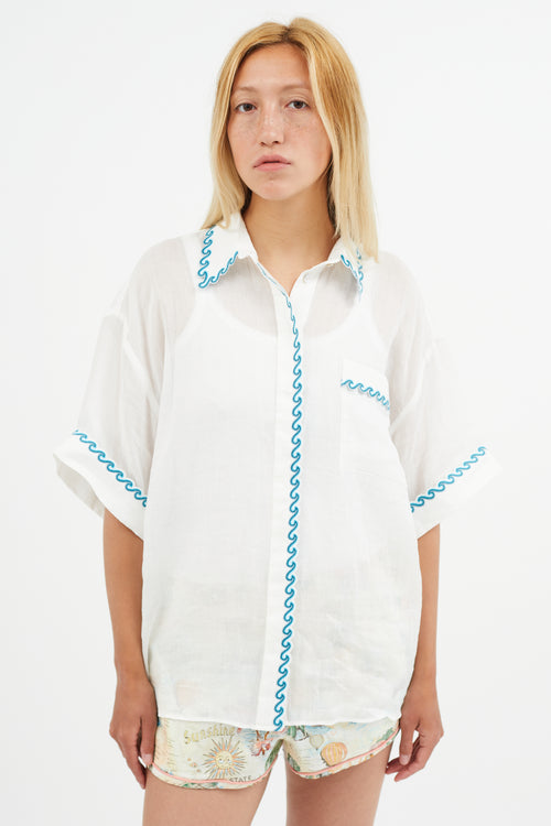 Zimmermann White 
Blue Wave Embroidered Semi Sheer Shirt