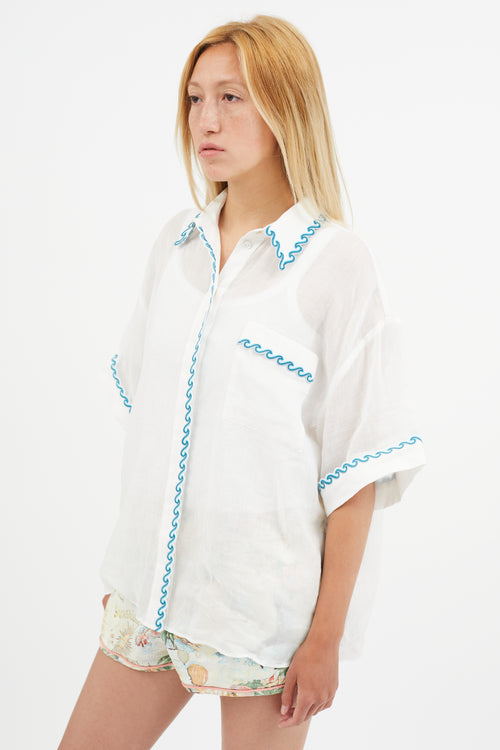 Zimmermann White 
Blue Wave Embroidered Semi Sheer Shirt