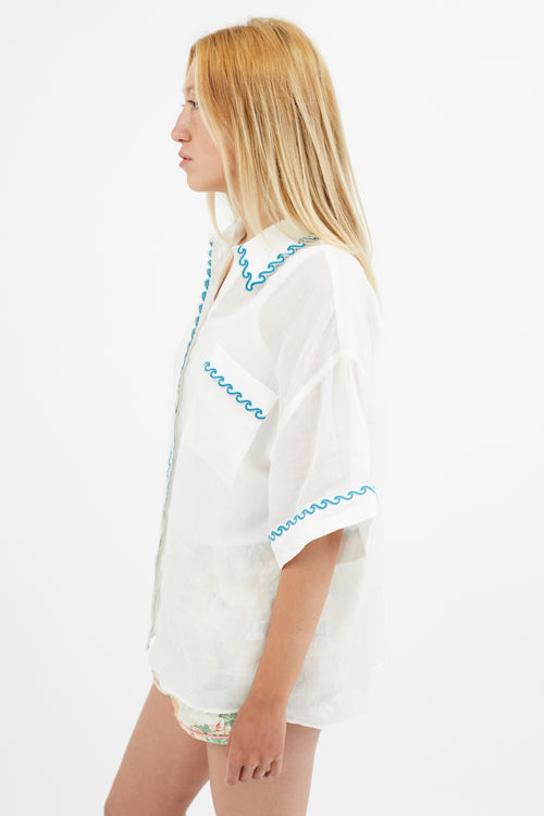 Zimmermann White 
Blue Wave Embroidered Semi Sheer Shirt