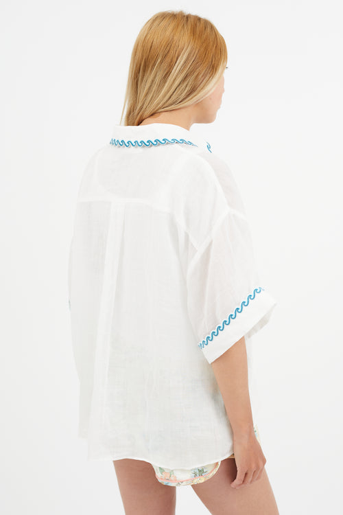 Zimmermann White 
Blue Wave Embroidered Semi Sheer Shirt