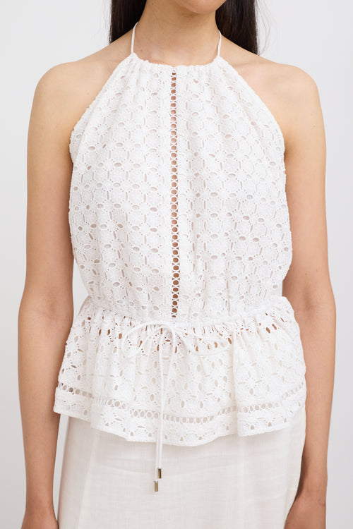 Zimmermann White Lace Halter Drawstring Top