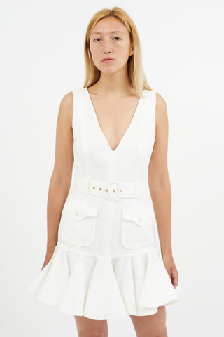 Zimmermann White Linen V-Neck Belted Mini Dress