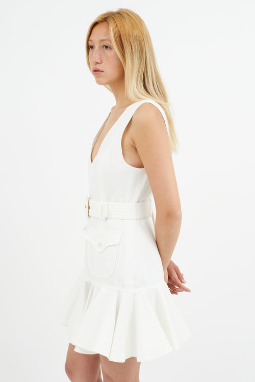 Zimmermann White Linen V-Neck Belted Mini Dress