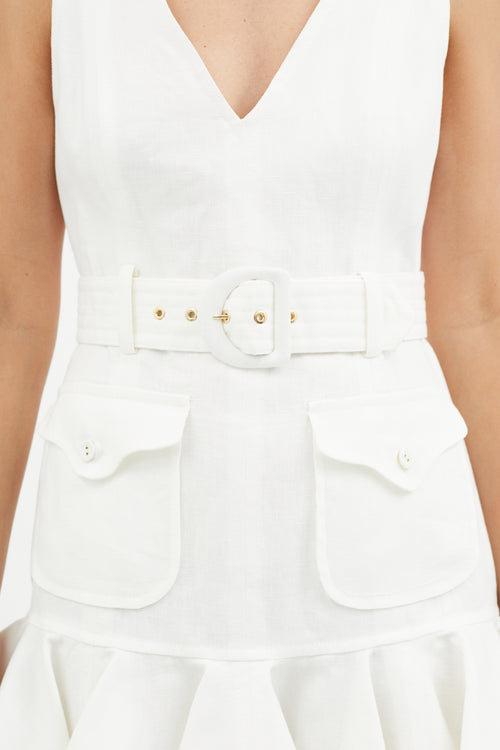 Zimmermann White Linen V-Neck Belted Mini Dress