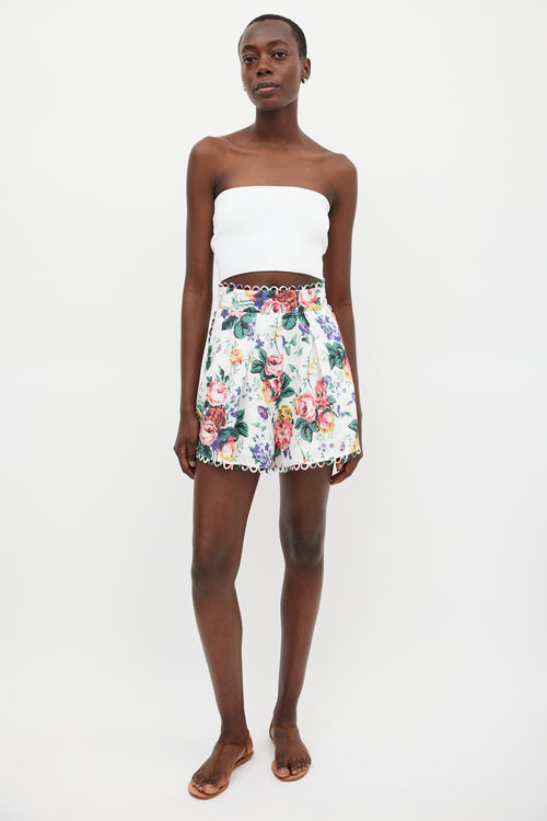 Zimmermann White 
Multicolour Linen Floral Scalloped Short