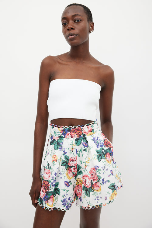 Zimmermann White 
Multicolour Linen Floral Scalloped Short