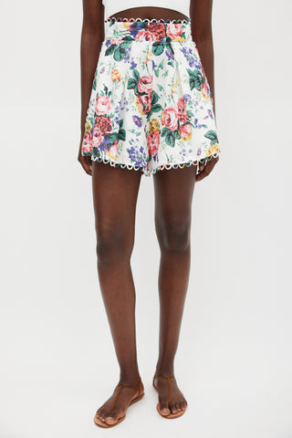 Zimmermann White 
Multicolour Linen Floral Scalloped Short