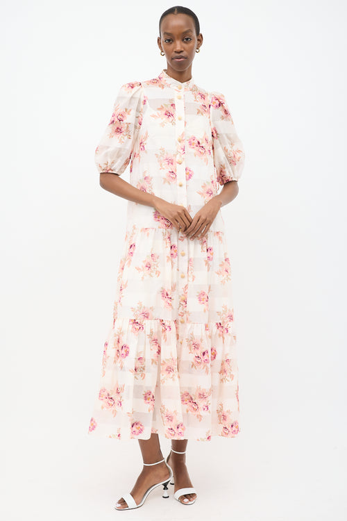 Zimmermann White 
Pink Floral Striped Tier Dress