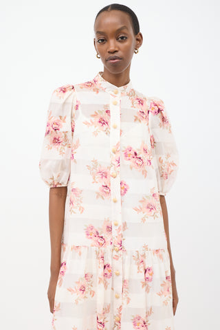 Zimmermann White 
Pink Floral Striped Tier Dress