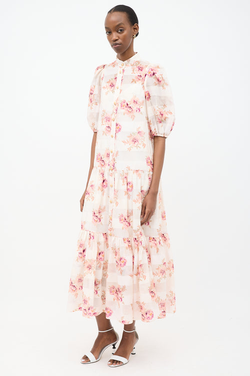 Zimmermann White 
Pink Floral Striped Tier Dress