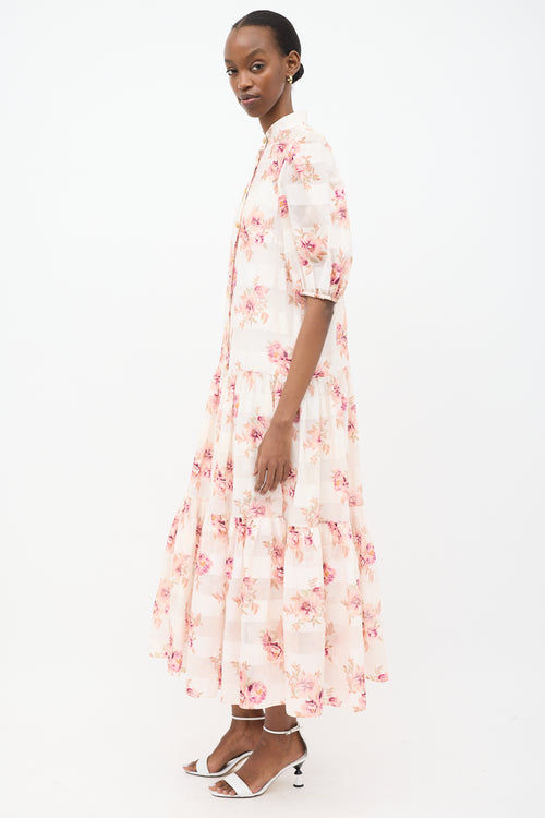 Zimmermann White 
Pink Floral Striped Tier Dress