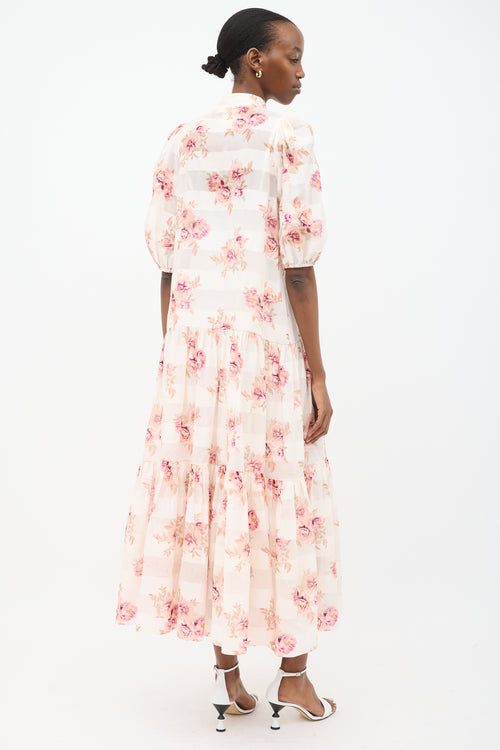 Zimmermann White 
Pink Floral Striped Tier Dress