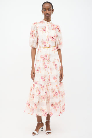 Zimmermann White 
Pink Floral Striped Tier Dress