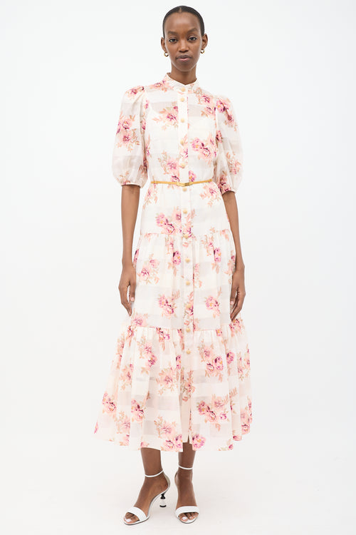 Zimmermann White 
Pink Floral Striped Tier Dress