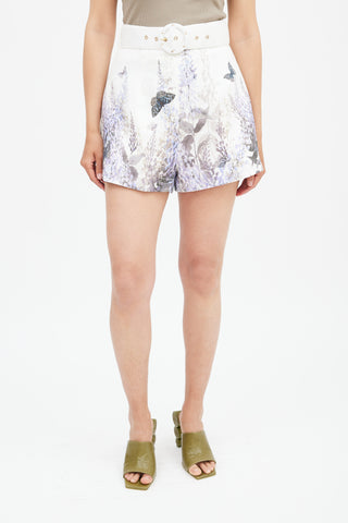 Zimmermann White 
Purple Luminous Printed Belted Shorts