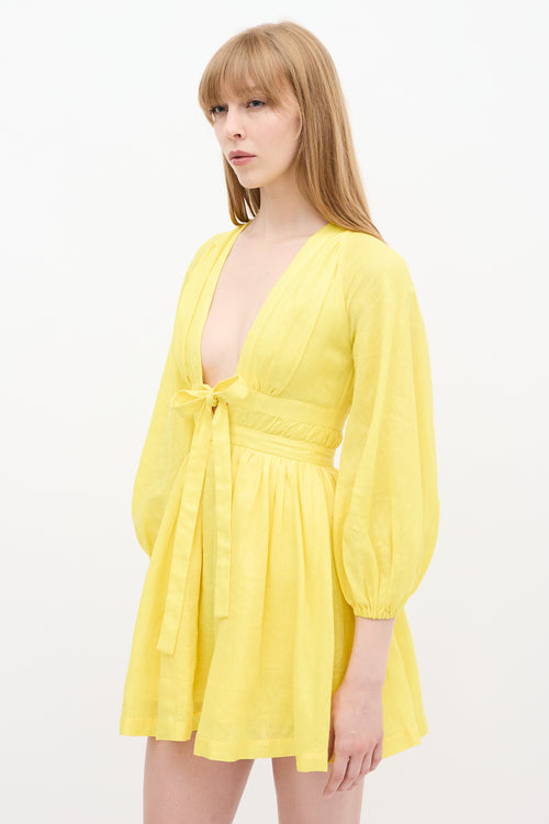 Zimmermann Yellow Linen V-Neck Tie Dress