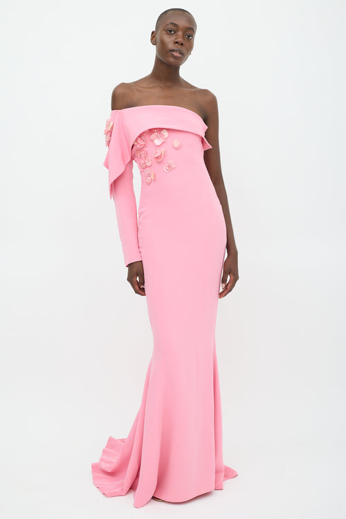 Zuhair Murad Pink Sequin Floral Applique One Sleeve Gown