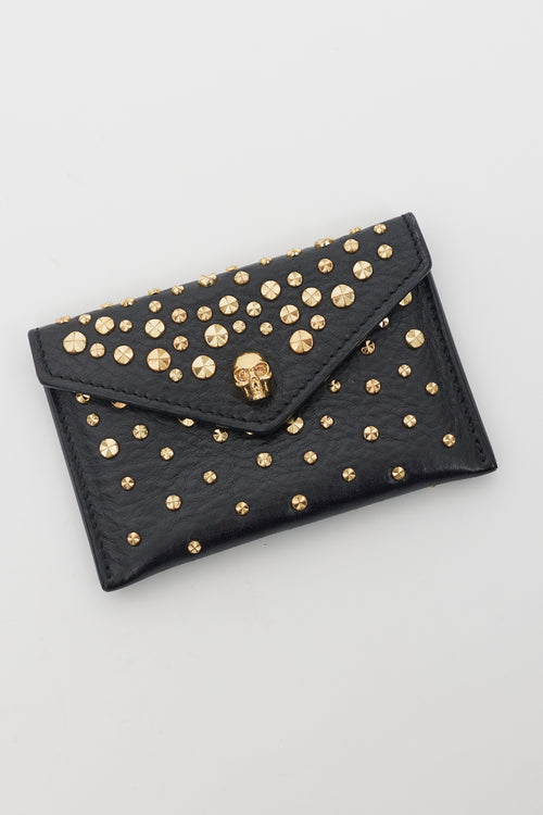 Alexander McQueen Black 
Gold Leather Studded Skull Envelope Card Holder