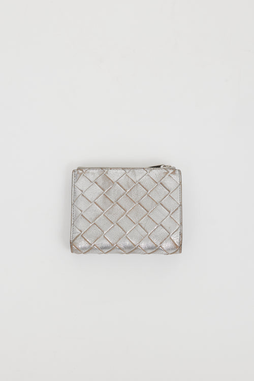 Bottega Veneta Silver Leather Intrecciato Bi-Fold Wallet