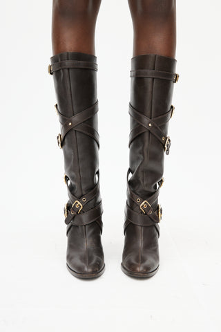 Dolce 
Gabbana Dark Brown 
Gold Buckle Knee High Boot