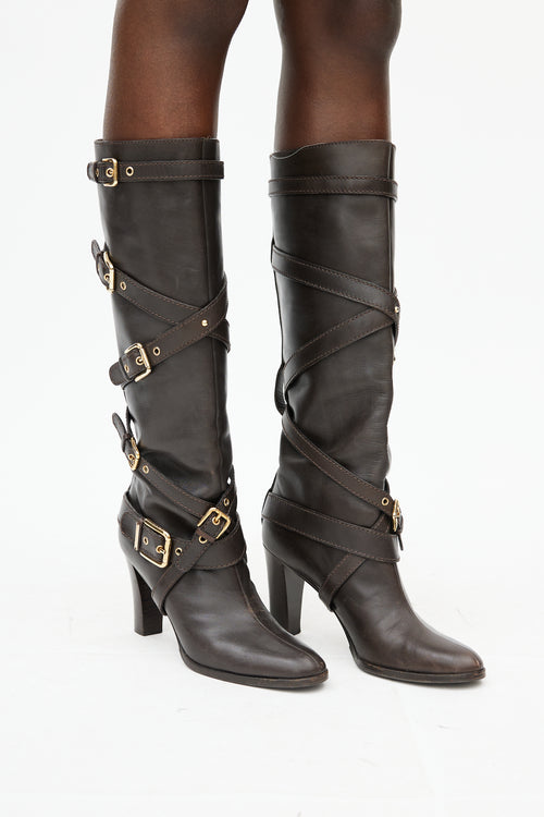 Dolce 
Gabbana Dark Brown 
Gold Buckle Knee High Boot