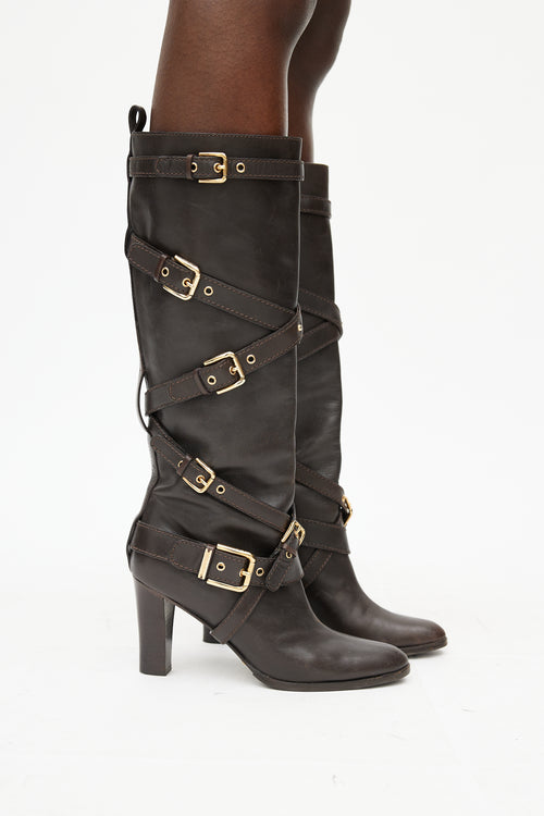 Dolce 
Gabbana Dark Brown 
Gold Buckle Knee High Boot