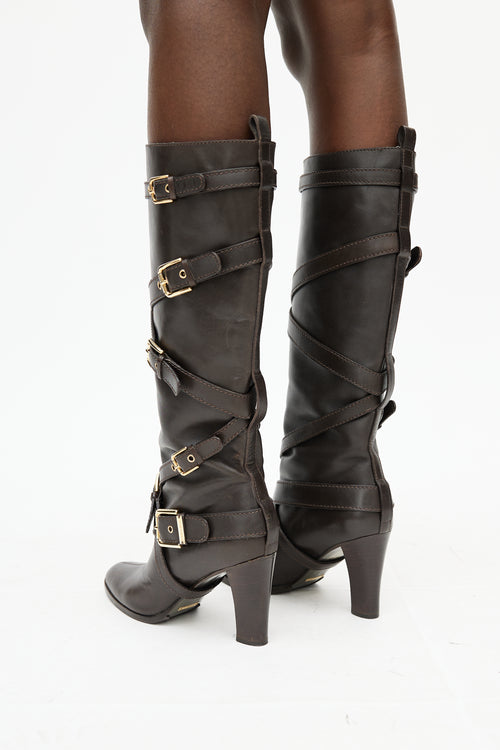 Dolce 
Gabbana Dark Brown 
Gold Buckle Knee High Boot