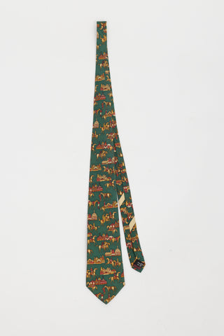 Ferragamo Green 
Brown Horse Pattern Tie