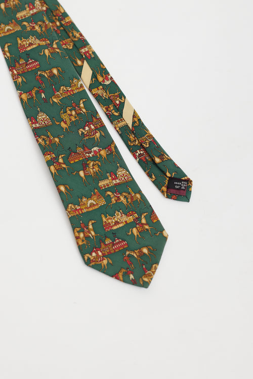 Ferragamo Green 
Brown Horse Pattern Tie