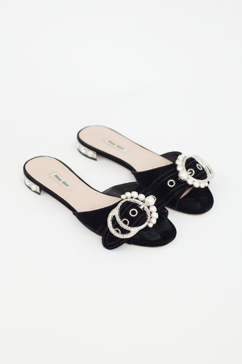 Miu Miu Black Velvet Pearl Buckle Mule