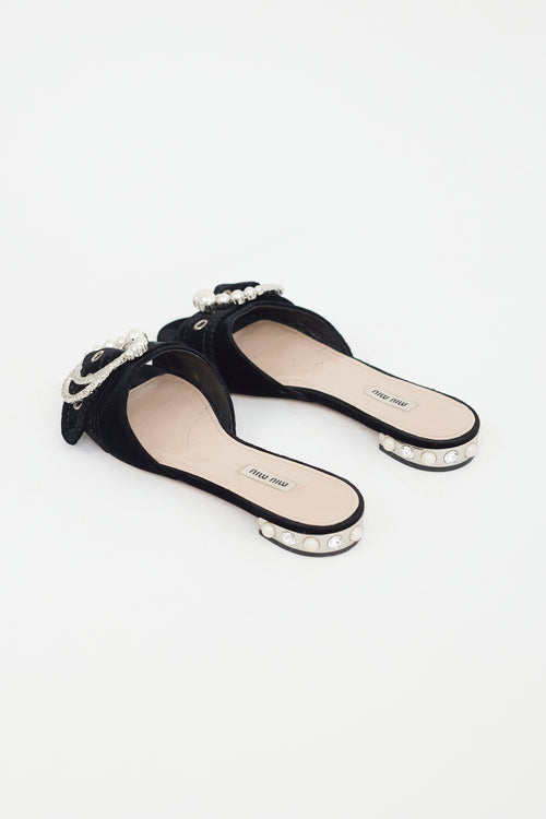 Miu Miu Black Velvet Pearl Buckle Mule