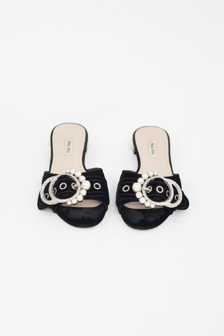 Miu Miu Black Velvet Pearl Buckle Mule