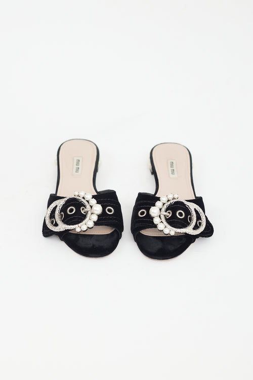 Miu Miu Black Velvet Pearl Buckle Mule