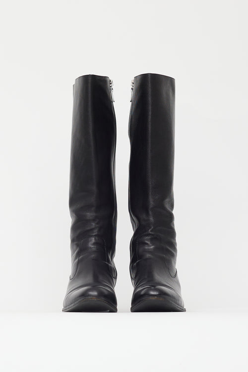 Prada Black Leather Mid Calf Boot