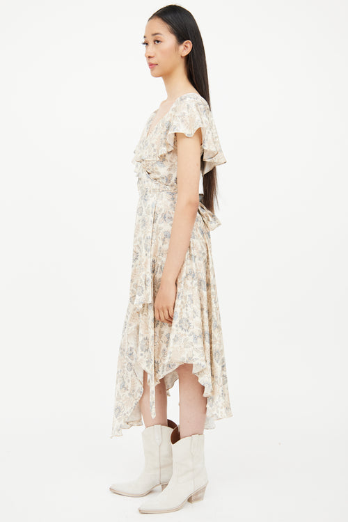 Zimmermann Beige 
Blue Floral Wrap Dress